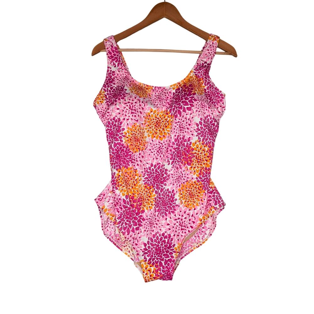 L.L.Bean One Piece Swimsuit Floral 16 Scoop Neck Pink Orange Coastal Prep UPF 50